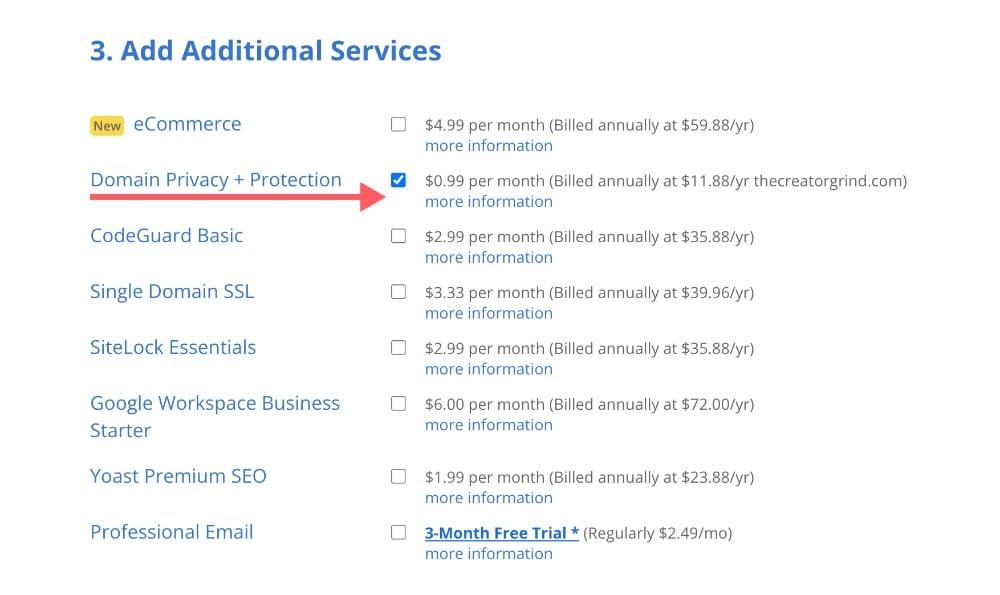 Additional Bluehost services and domain privacy protection