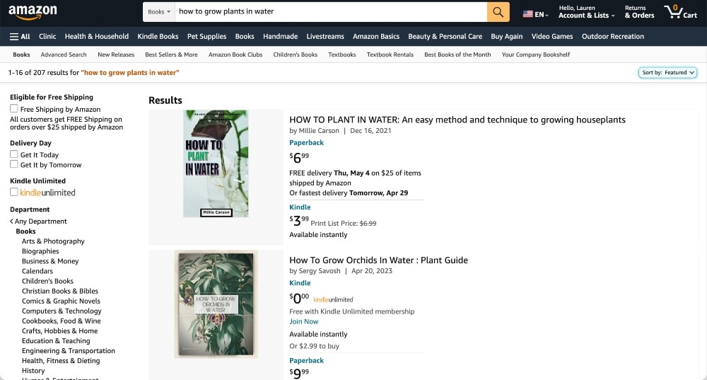 Screenshot of Amazon eBook search results