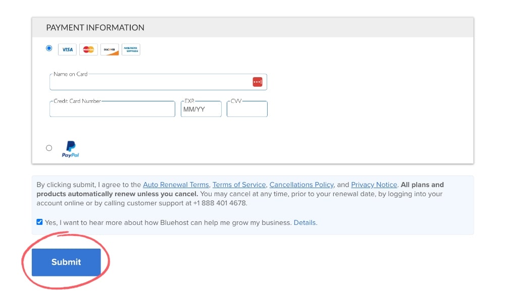 Bluehost payment and submit for hosting