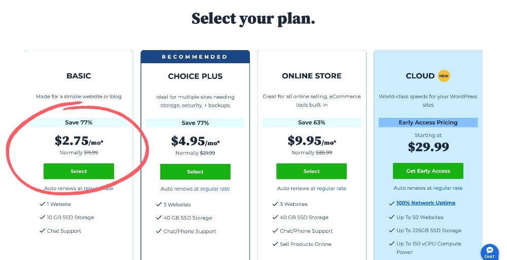 Bluehost select hosting plan screenshot