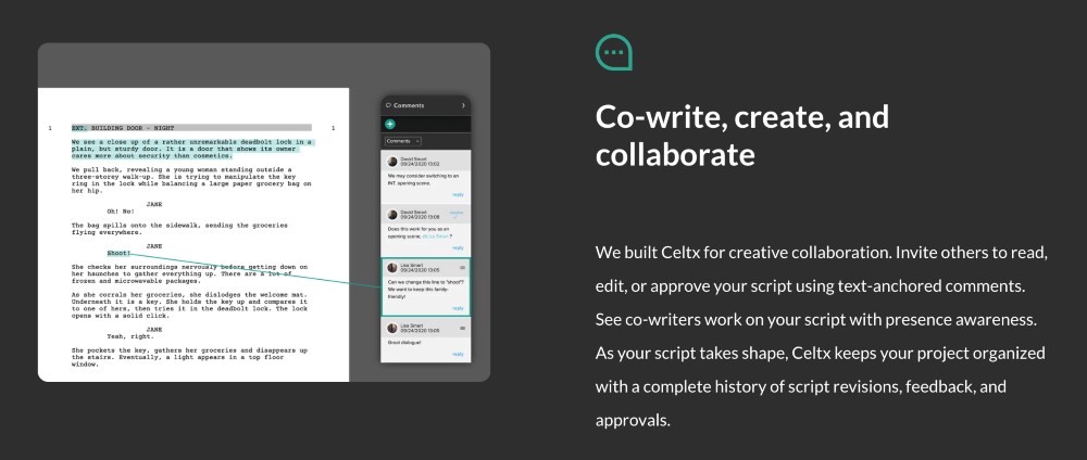 Celtx writer feedback tool