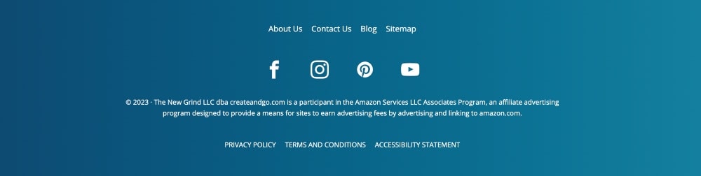 screenshot of Create and Go blog footer with social media icons
