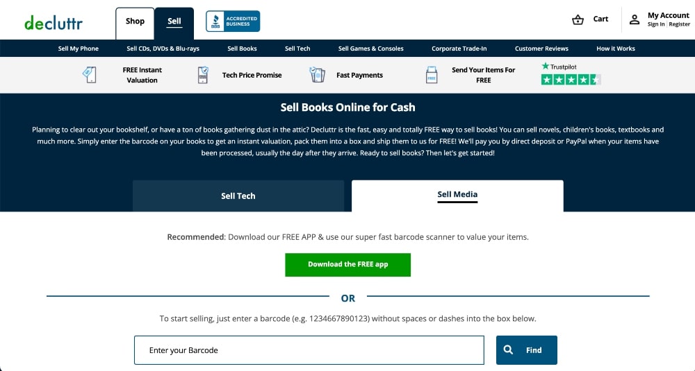 Decluttr sell books website screenshot