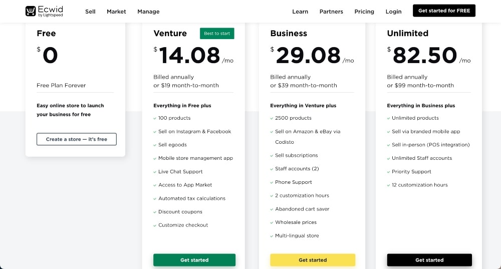 Ecwid pricing plans