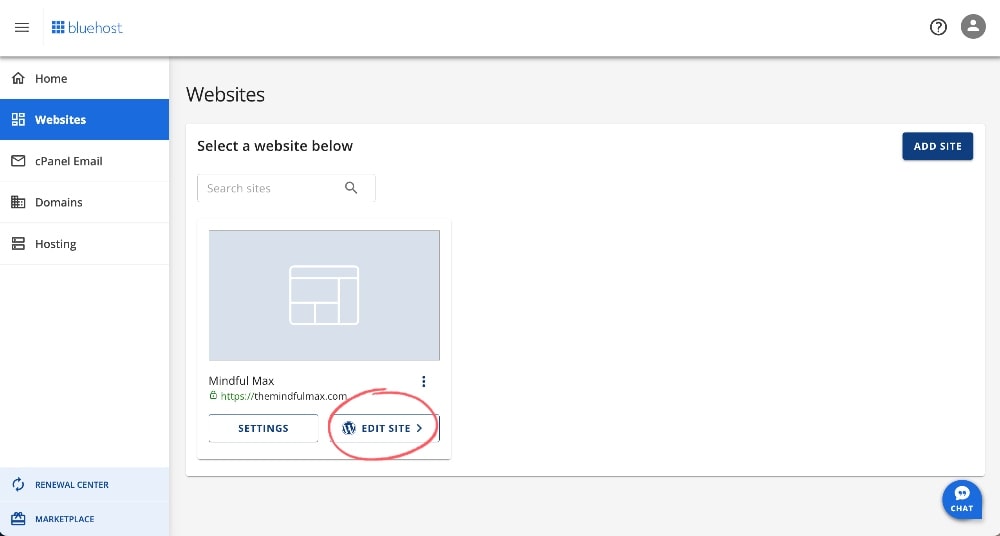 Edit WordPress site in Bluehost dashboard
