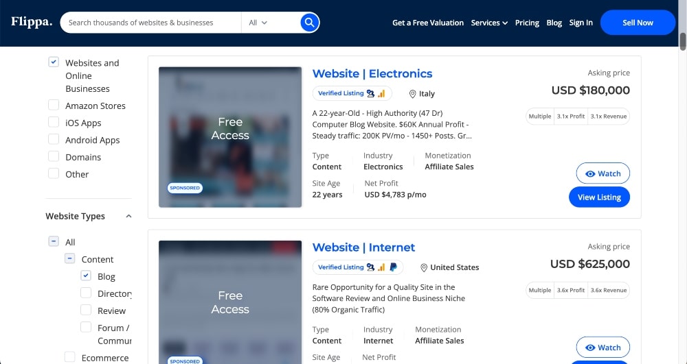 Flippa content site listings