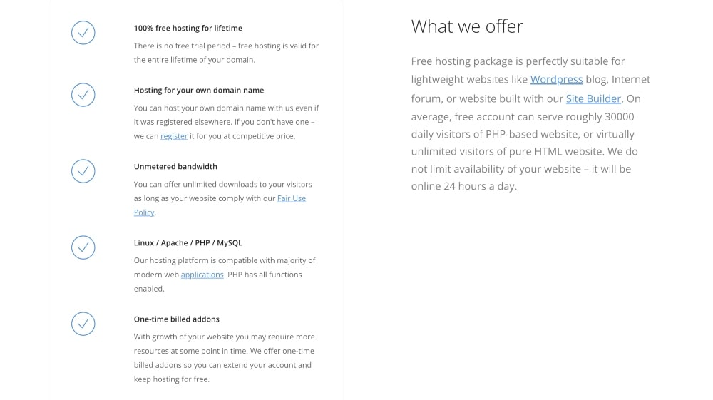 FreeHosting plan features
