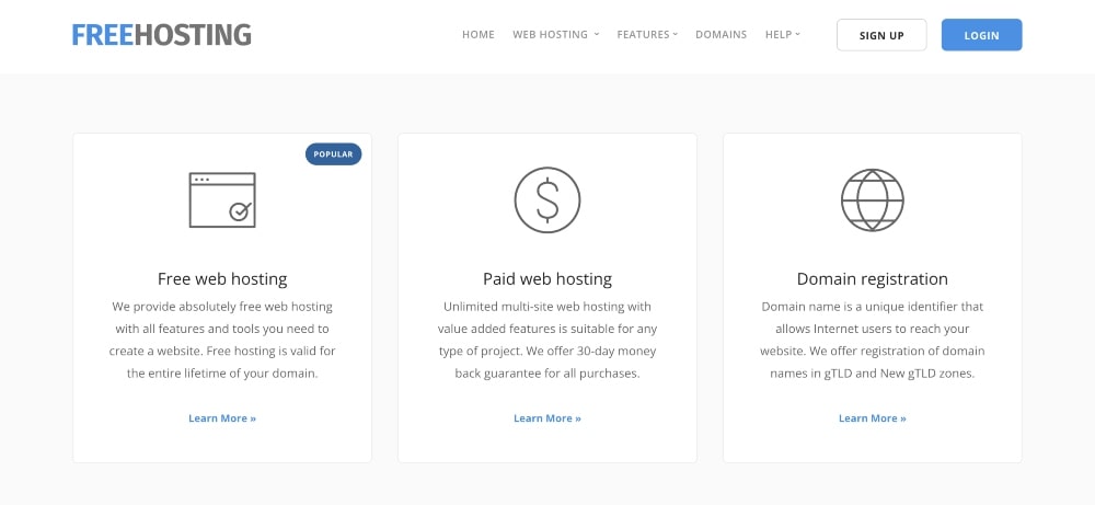 FreeHosting website homepage