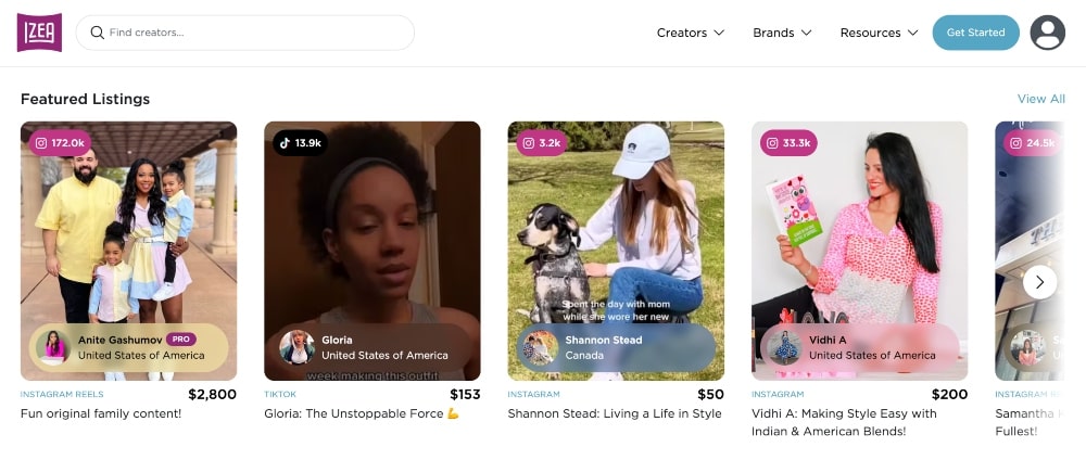 Screenshot of Izea Influencer listings