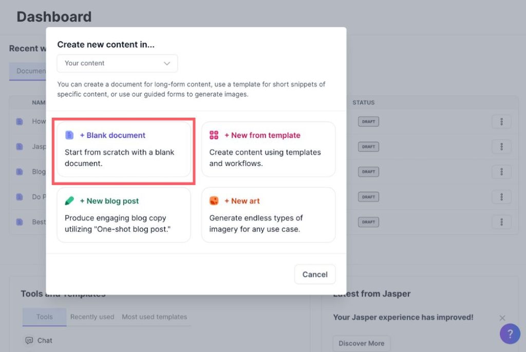 screenshot of Jasper AI blog new blank document