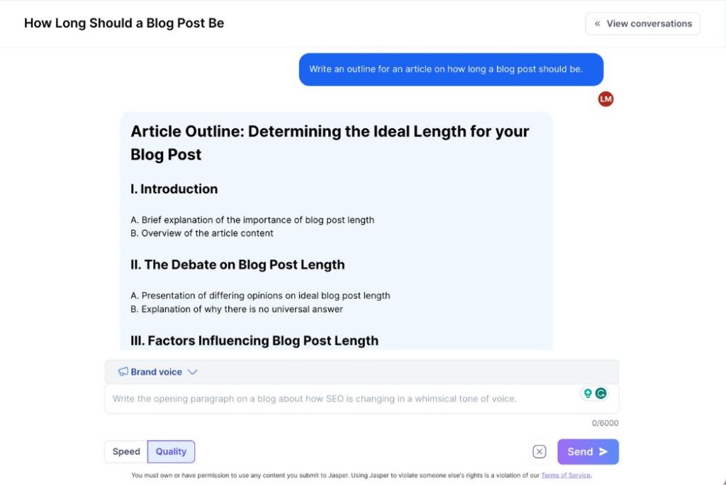 screenshot of Jasper AI chat outline prompt