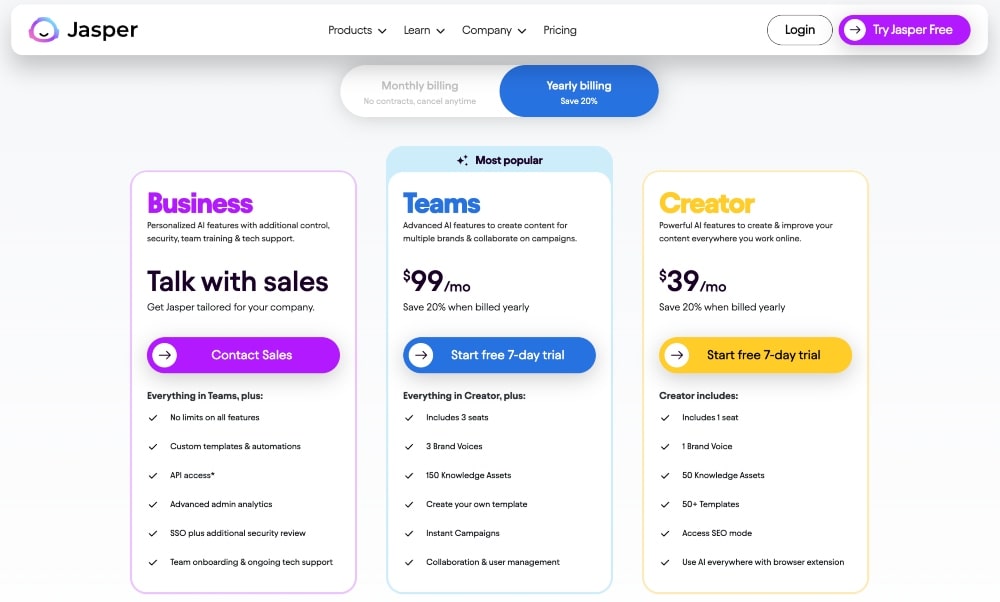 screenshot of Jasper AI pricing plans