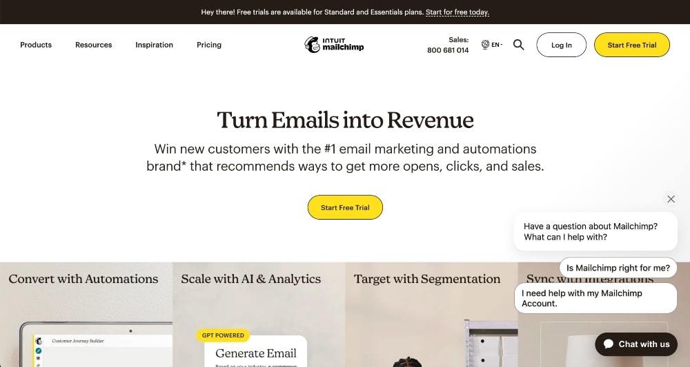 screenshot of Mailchimp website