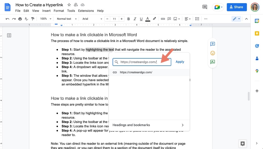 make a hyperlink in Google Docs example