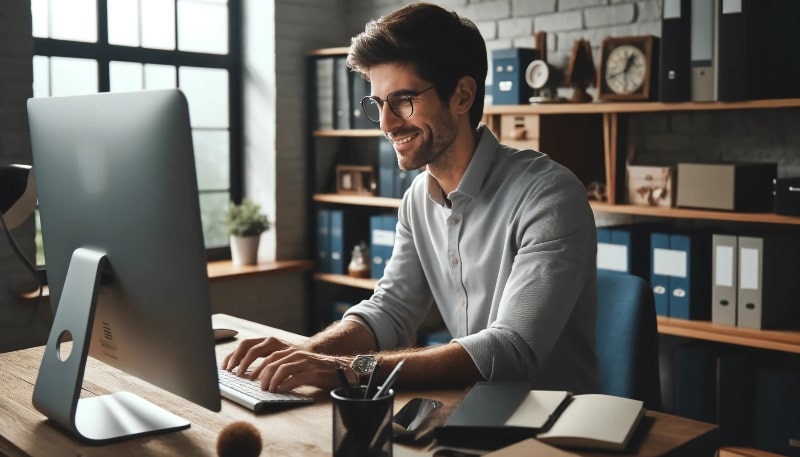 man typing on his computer smiling