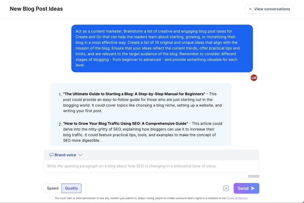 using Jasper AI chat to generate new blog post ideas screenshot