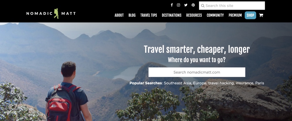 Screenshot of the homepage for Nomadic Matt blog