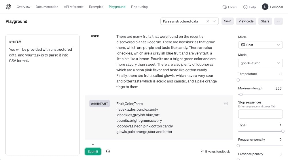 OpenAI parse unstructured data example prompt detail