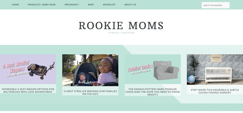 screenshot of Rookie Moms website homepage