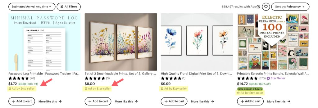 Screenshot of Etsy ads for digital prints