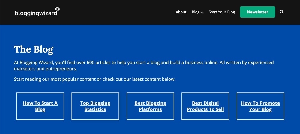 screenshot of the Blogging Wizard blog