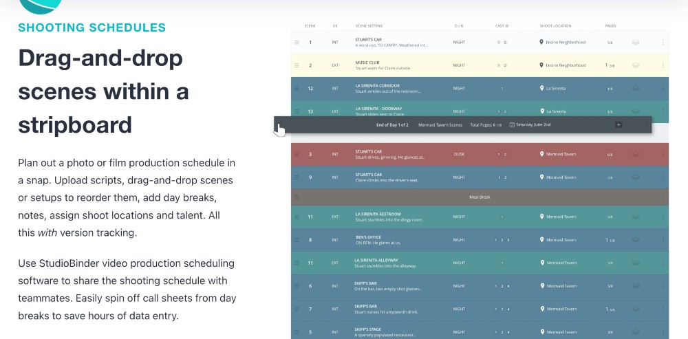 Studiobinder shooting schedules feature