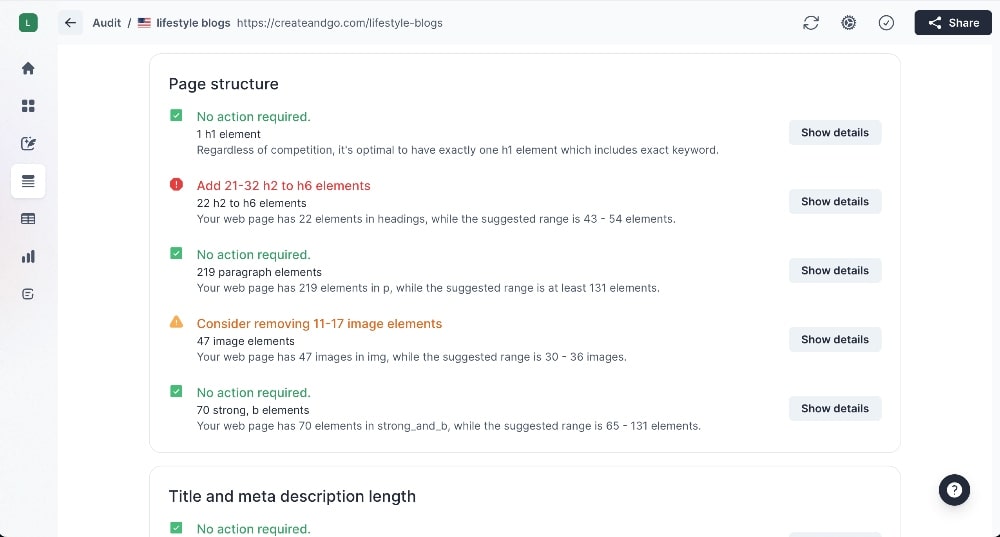 Surfer audit page structure suggestions