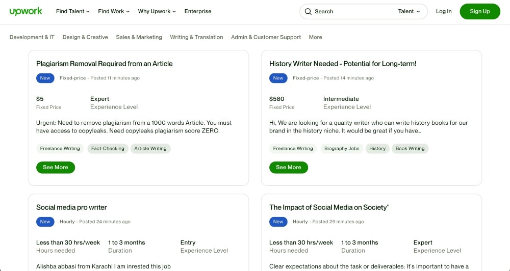 Upwork freelance writer job search screenshot