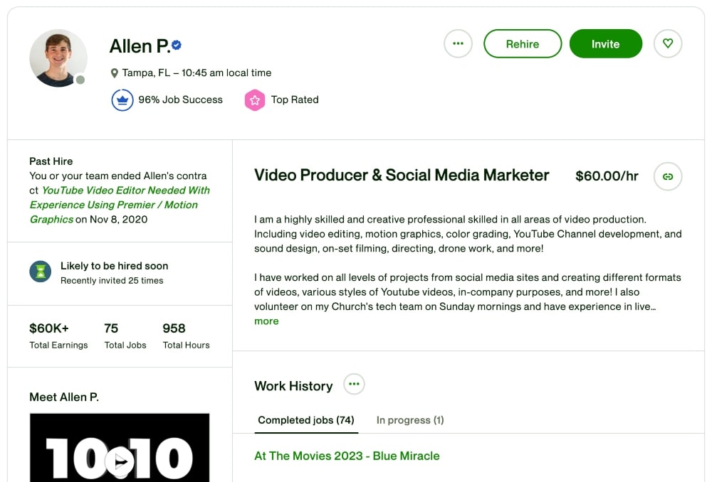 screenshot of Upwork profile