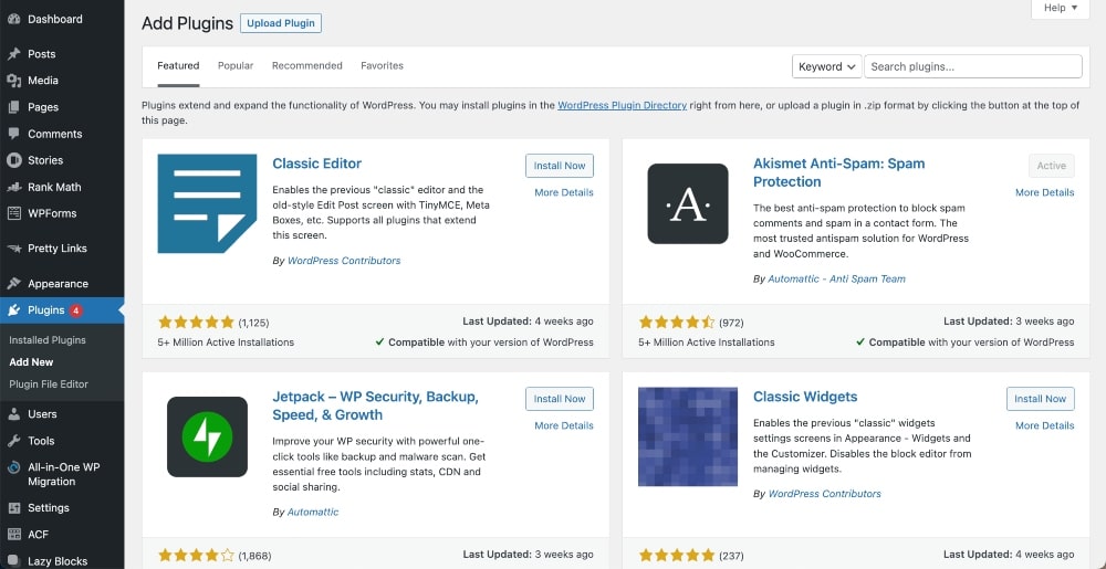 Screenshot of WordPress add plugins page