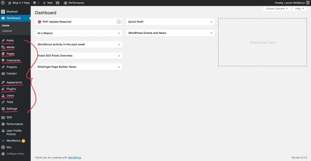 Screenshot of WordPress dashboard main features