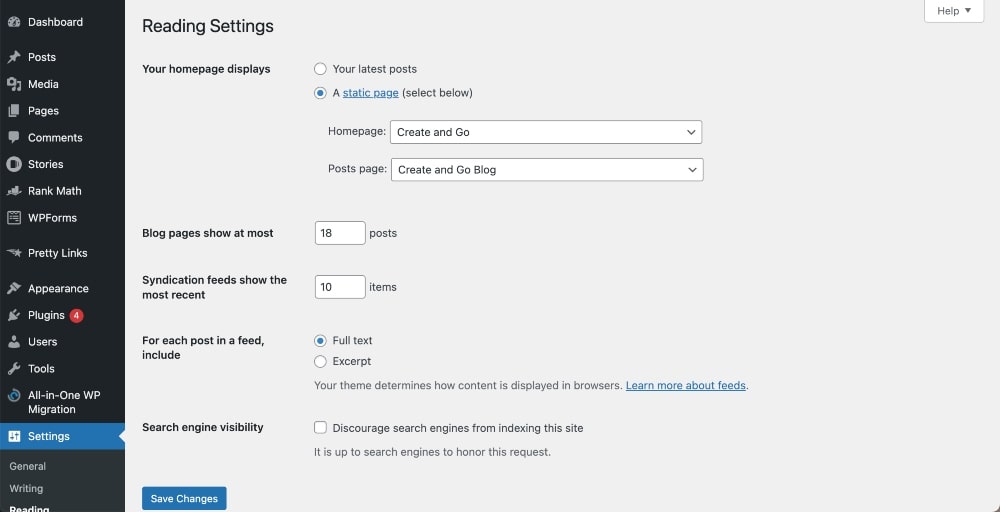 Screenshot of WordPress reading settings to set blog homepage