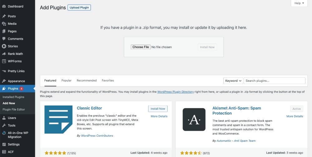 Screenshot of WordPress upload plugin page