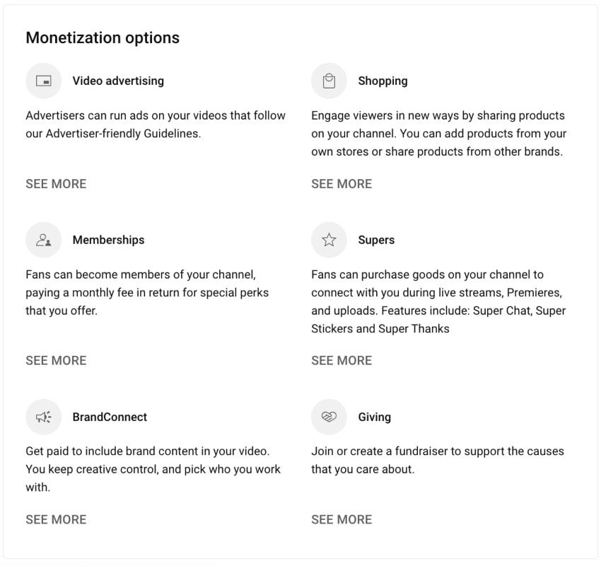 YouTube monetization options