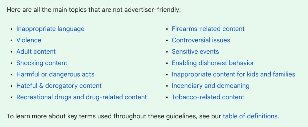 YouTube partner program prohibited topics