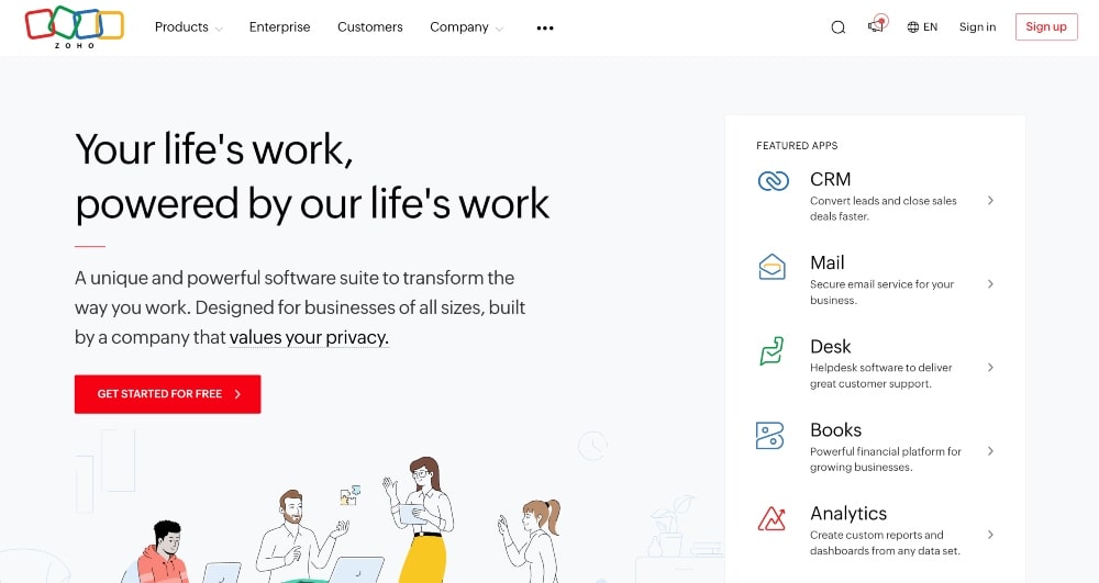 screenshot of Zoho website