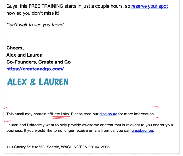  affiliate disclosure for email