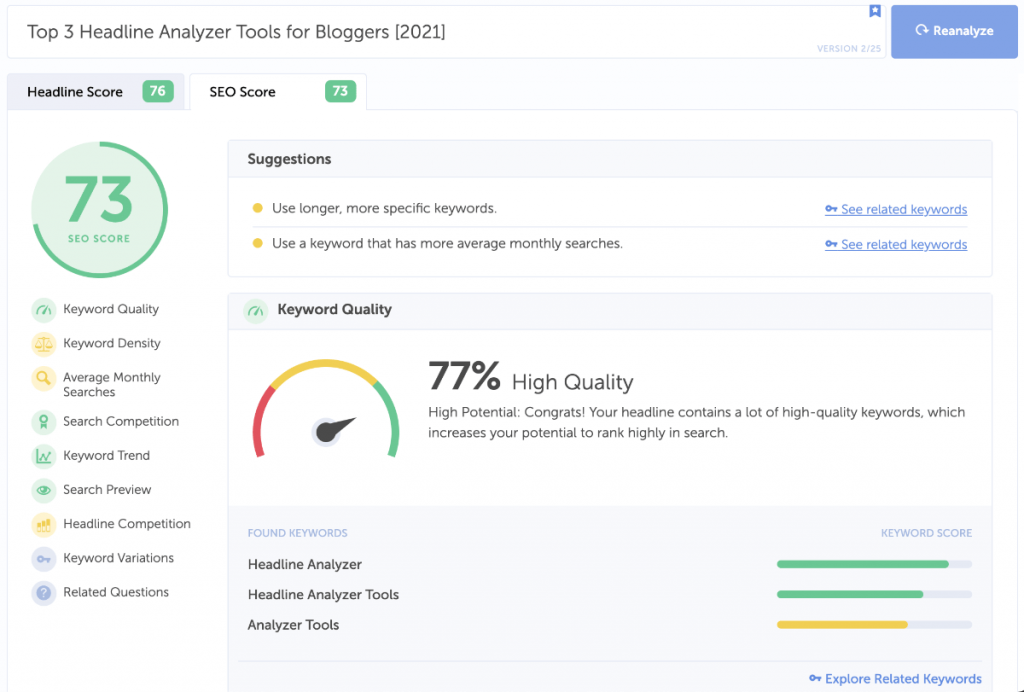  coschedule analyzer tool seo results