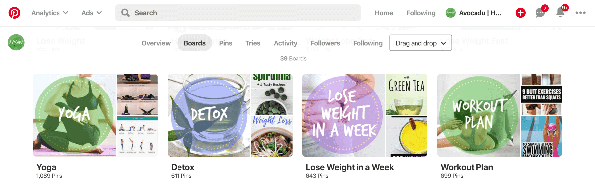 screenshot of Pinterest boards
