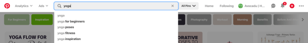Pinterest search for yoga poses