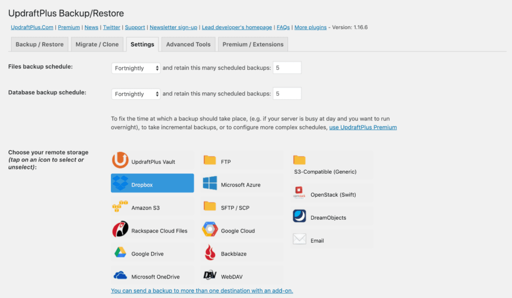 Screenshot of Updraftplus backup plugin settings